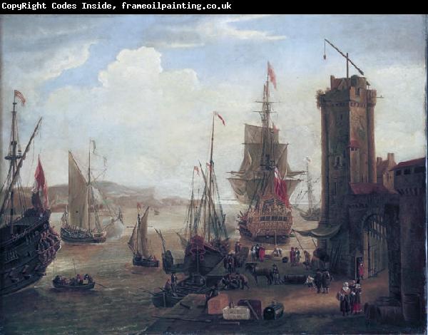 Jacob Knyff English and dutch ships taking on stores at a port